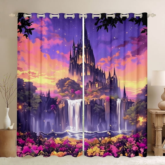 Homewish Dreamy Castle Blackout Curtains for Girls, Rainbow Stars Floral Curtains Pack of 2 (42x84 Each)
