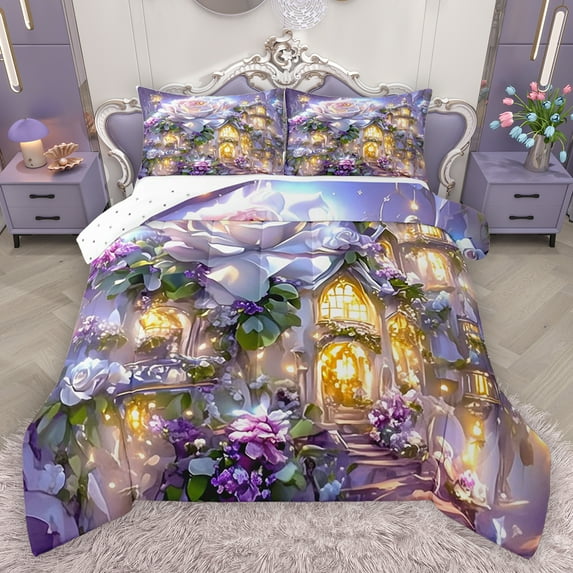 Homewish Dreamy Castle Full Size Comforter Sets,Romantic White Rose Bedding Comforter Set,Purple Flower Floral Bedding Sets For Girl,Breathable Home Decor Reversible,3-Piece