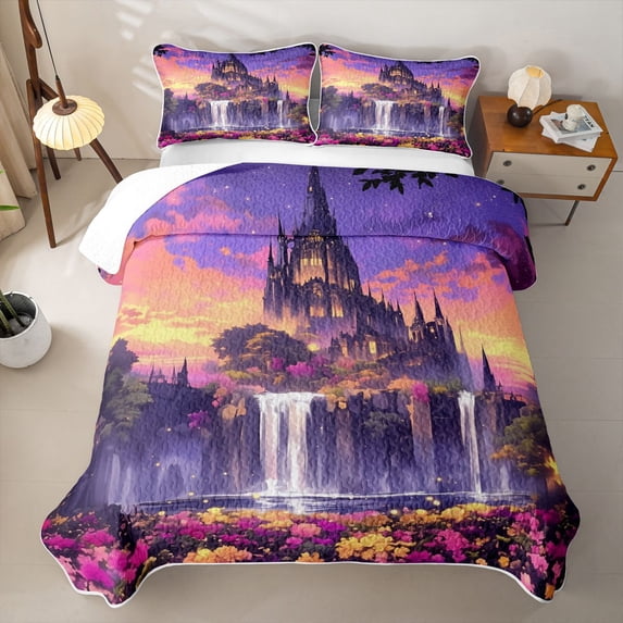 Homewish Dreamy Castle Quilt King for Girls, Rainbow Stars Floral King Coverlet Set, 3 Pieces 1 Bedspread and 2 Pillowcases