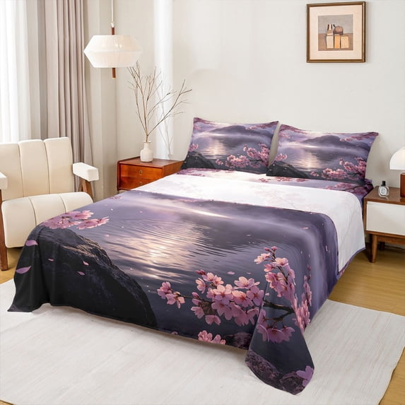 Homewish Dreamy Cherry Blossom Bed Sheets,Japanese Landscape Full Size Sheets,Purple,4-Piece,1 Flat Sheet, 1 Fitted Sheet and 2 Pillowcases