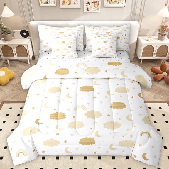 Homewish Dreamy Cloud Rainbow Twin Bedding Sets 7-Piece, Mystic Moon Stars Bedding Comforter Set, White Gold Cartoon Reversible Sheet Sets, Breathable Home Decor