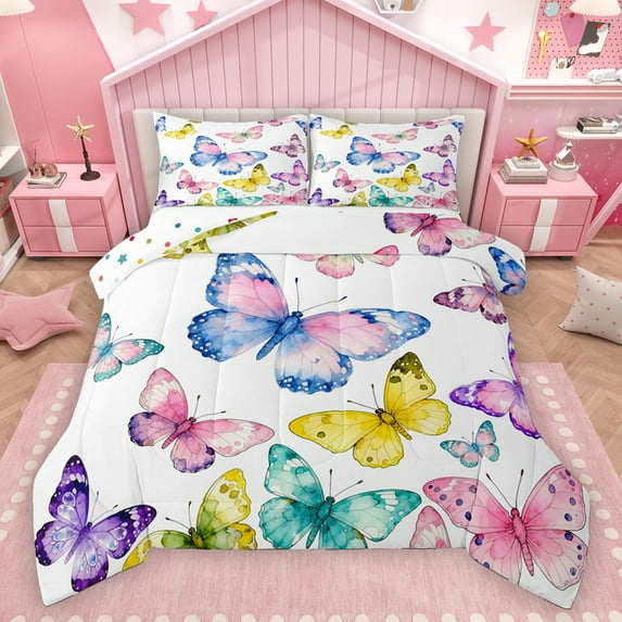 Homewish Dreamy Colorful Butterfly Bedding Comforter Set, Fashion Watercolor Art Twin Comforter Sets, Teens Kids Boys Girls Reversible Bedding Set, Microfiber Bedroom Decor, 2-Piece