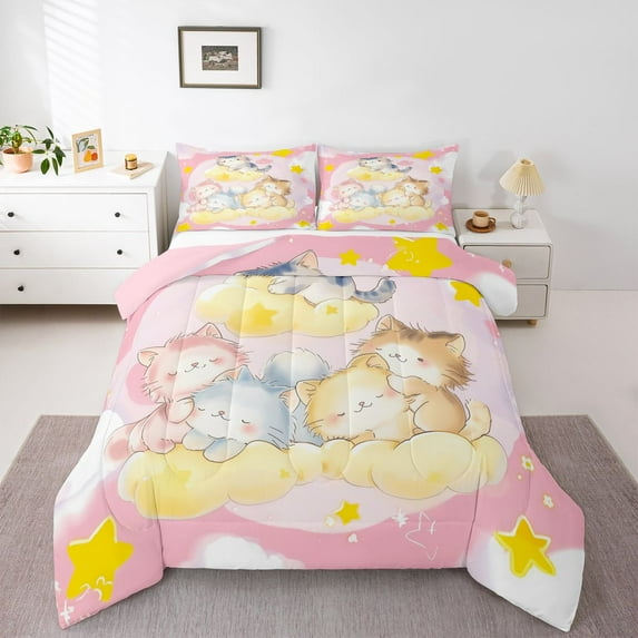 Homewish Dreamy Cute Cat Full Size Comforter Sets for Kids, Kawaii Kitten Animal Bedding Comforter Set, Cartoon Stars Print Reversible Bedding Sets, Luxury Bedroom Decor, 3pcs