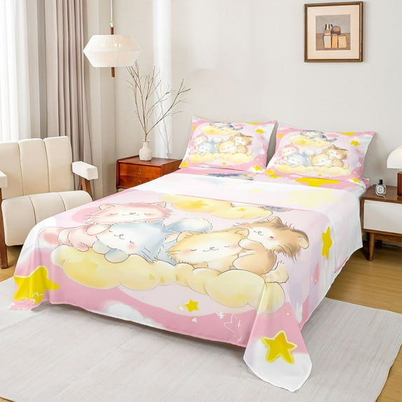 Homewish Dreamy Cute Cat Twin Sheet Sets for Kids, Kawaii Kitten Animal Twin Fitted Sheet, Cartoon Stars Print Flat Sheet, Luxury Bedroom Decor, 3pcs