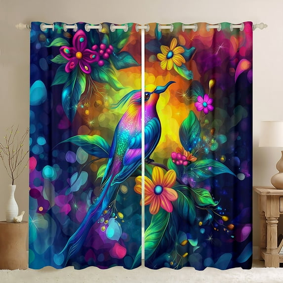Homewish Dreamy Cute Hummingbird Black Out Curtains, Vibrant Groovy Floral Curtains Pack of 2 (42x63 Each), Kawaii Bird Wildlife Bedroom Curtains, Black Out Curtains Decor