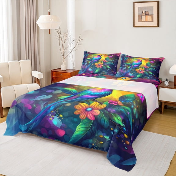 Homewish Dreamy Cute Hummingbird Twin Sheet Sets, Vibrant Groovy Floral Twin Fitted Sheet, Kawaii Bird Wildlife Flat Sheet, Super Cozy Room Decor, 3pcs