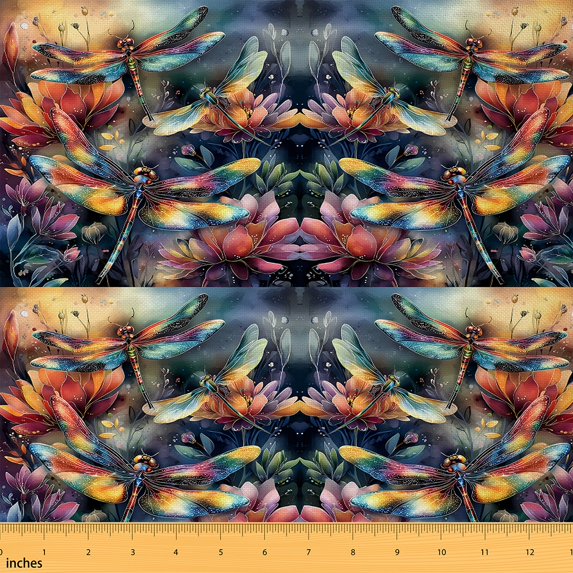 Homewish Dreamy Dragonfly Animal 01, Watercolor Lotus Room Decor Fabric by the Yard, Blue Orange Sewing Fabric, Lightweight Room Decor