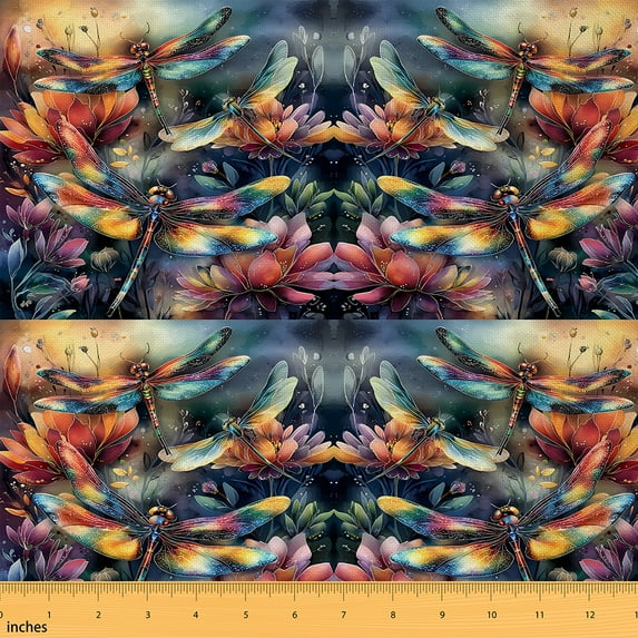 Homewish Dreamy Dragonfly Animal Fabric by the Yard 1 Yard, Watercolor Lotus Room Decor Fabric by the Yard, Blue Orange Sewing Fabric, Lightweight Room Decor