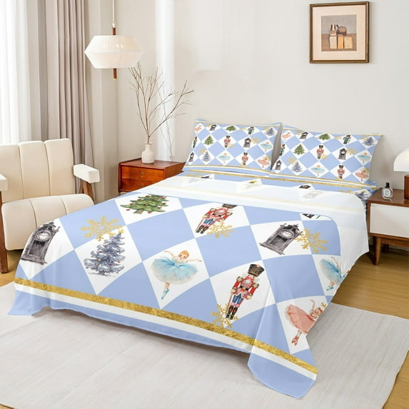 Homewish Dreamy Fairy Princess Twin Sheet Sets for Teen, Blue Buffalo Checkered Twin Fitted Sheet, Royal Nutcracker Guard Flat Sheet, Super Cozy Room Decor, 3 Pieces