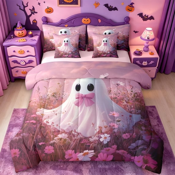 Homewish Dreamy Floral Halloween Ghost 7pcs Queen Bedding,Pink Bow Daisy Wildflower Print Bedding Comforter Set Queen,Pink Reversible