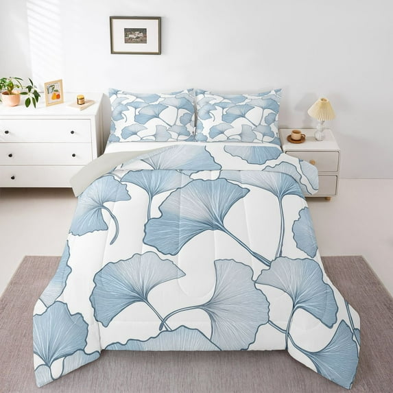 Homewish Dreamy Ginkgo Leaf Bedding Comforter Set for Teens, White Blue Twin Comforter Sets, Simple French Style Reversible Bedding Set, Microfiber Bedroom Decor, 2-Piece