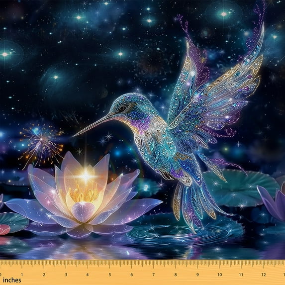 Homewish Dreamy Glitter Hummingbird Fabric by the Yard 1 Yard, Bling Lotus Room Decor Fabric by the Yard, Stars Starry Sky Sewing Fabric, Lightweight Room Decor