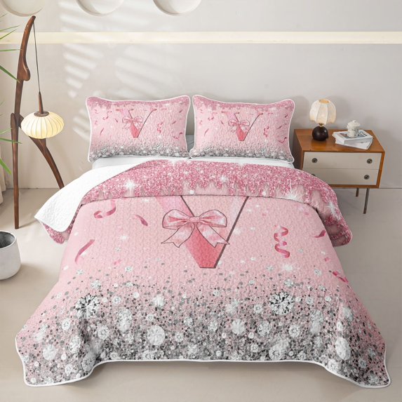 Homewish Dreamy Glitters Print Twin Quilt Set for Girls, Pink Bling V Letter Twin Coverlet Set