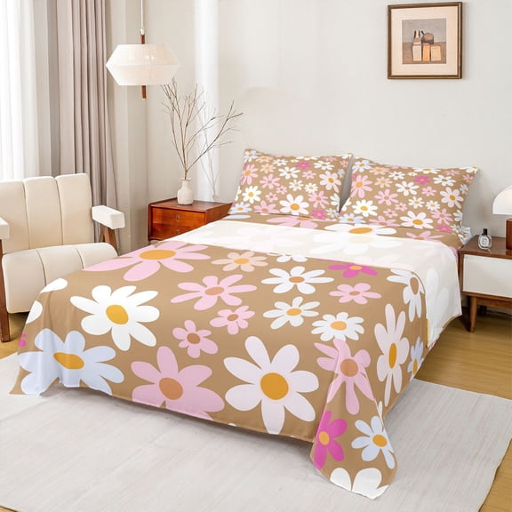 Homewish Dreamy Groovy Flower Twin Sheet Sets for Kids, Rustic Daisy Floral Twin Fitted Sheet, Brown Cartoon Theme Flat Sheet, Luxury Bedroom Decor, 3 Pieces