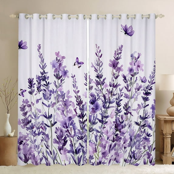 Homewish Dreamy Lavender Flower Black Out Curtains, Purple Art Watercolor Curtains Pack of 2 (42x63 Each), Plant Botanical Bedroom Curtains, Curtains Blackout Decor