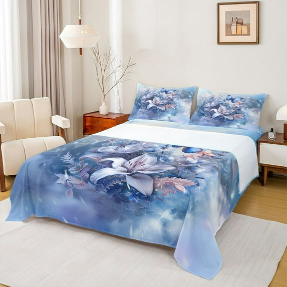 Homewish Dreamy Lily Floral Twin Sheet Sets for Girl, Blue Watercolor Ink Twin Fitted Sheet, Butterfly Animal Flat Sheet, Ultra Soft Bedroom Decor, 3pcs