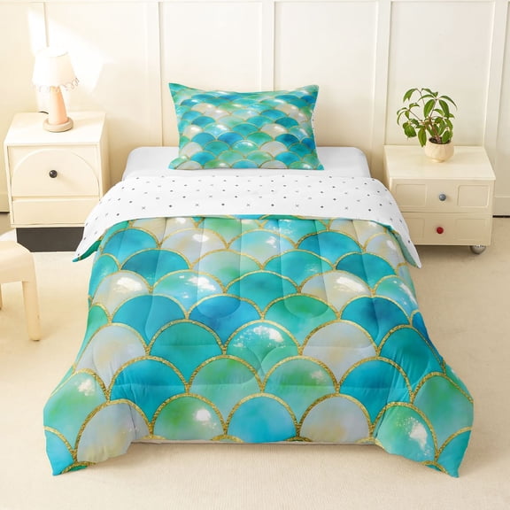 Homewish Dreamy Mermaid Tail Twin Comforter Sets For Girls,Kids Princess Bedding Set,Reversible,2 Pieces,1 Comforter and 1 Pillowcase