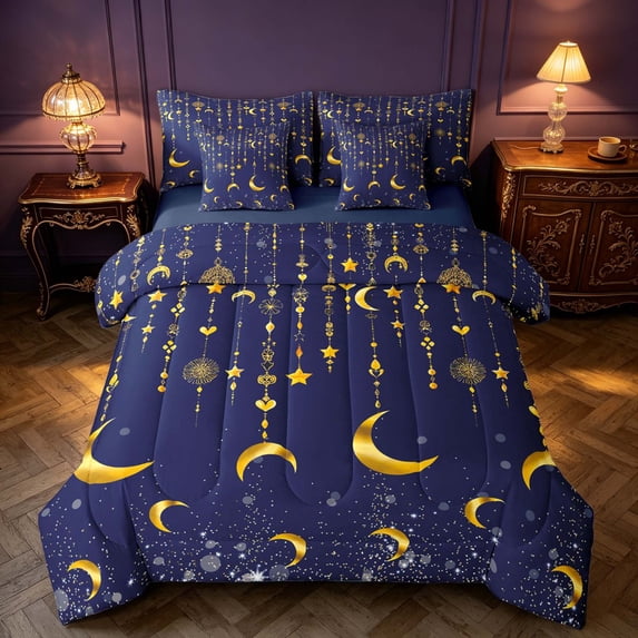 Homewish Dreamy Moon Stars Queen Bedding, Gold Navy Blue Bedding Comforter Set Queen, Navy Blue Reversible 7pcs