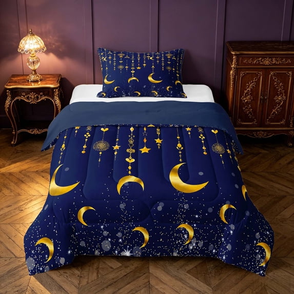 Homewish Dreamy Moon Stars Twin Comforter Sets, Gold Navy Blue Bedding Set, Navy Blue Reversible 2pcs, 1 Comforter and 1 Pillowcase