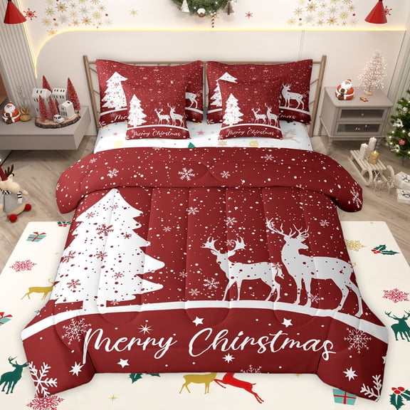 Homewish Dreamy Moose Reindeer Bedding Comforter Set 7 Pieces for Kid, Magic Christmas Tree Full Bedding Set, Happy New Year Reversible Fitted Sheet Flat Sheet, Breathable Home Decor