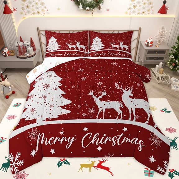 Homewish Dreamy Moose Reindeer Bedding Comforter Set for Kid, Magic Christmas Tree Twin Comforter Sets, Happy New Year Reversible Bedding Set, Breathable Home Decor, 2-Piece