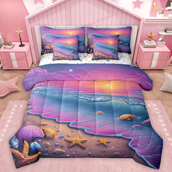 Homewish Dreamy Ocean Sunset Bedding Comforter Set 7pcs for Kids, Kawaii Starfish Seashell Queen Bedding Sets, Summer Beach Reversible Queen Sheet Sets, Super Cozy Room Decor