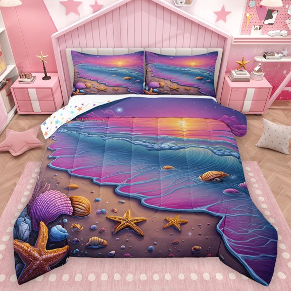 Homewish Dreamy Ocean Sunset Queen Comforter Set for Kids, Kawaii Starfish Seashell Bedding Sets, Summer Beach Reversible Bedding Comforter Set, Super Cozy Room Decor, 3 Pieces