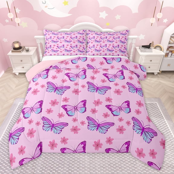 Homewish Dreamy Pink Butterfly Queen Comforter Set for Kids, Kawaii Cartoon Animal Bedding Sets, Cherry Blossoms Reversible Bedding Comforter Set, Lightweight Room Decor, 3pcs