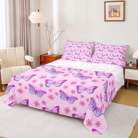 Homewish Dreamy Pink Butterfly Twin Sheet Sets for Kids, Kawaii Cartoon Animal Twin Fitted Sheet, Cherry Blossoms Flat Sheet, Lightweight Room Decor, 3pcs