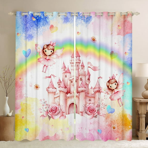 Homewish Dreamy Pink Castle Black Out Curtains for Girls, Kawaii Fairy Elf Curtains Pack of 2 (42x63 Each), Watercolor Rainbow Bedroom Curtains, Curtains and Drapes Decor
