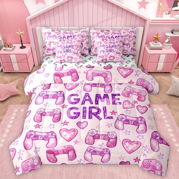 Homewish Dreamy Plum Gamepad Bedding Comforter Set for Boys, Game Console Lover King Bedding Sets, Cartoon Stars Love Heart Reversible Bed Sheets, Breathable Home Decor
