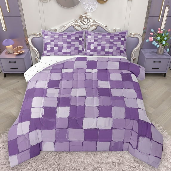 Homewish Dreamy Plum Square Queen Comforter Set for Kids, Abstract Buffalo Piald Bedding Sets, Vintage Oil Printing Reversible Bedding Comforter Set, Breathable Home Decor, 3-Piece