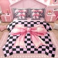 thumbnail image 1 of Homewish Dreamy Princess Bowknot Bedding Comforter Set 7pcs for Kids, Black Pink Checkered Plaid Queen Bedding Sets, Kawaii Ribbon Reversible Queen Sheet Sets, Microfiber Bedroom Decor, 1 of 7
