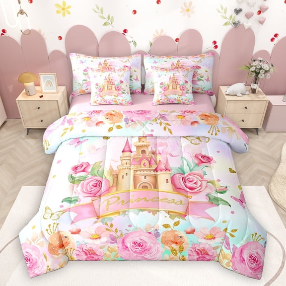 Homewish Dreamy Princess Castle 7-Piece Twin Bedding Sets,Pink Flower Bedding Comforter Set,Fairy Tale Theme Sheet Sets For Girls Kids,Breathable Home Decor Reversible