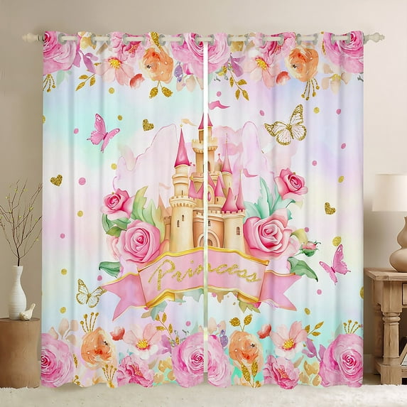 Homewish Dreamy Princess Castle Blackout Curtains Set of 2 (52x84 Each),Pink Flower Window Curtains,Fairy Tale Theme Curtains and Drapes For Girls Kids,Breathable Home Decor