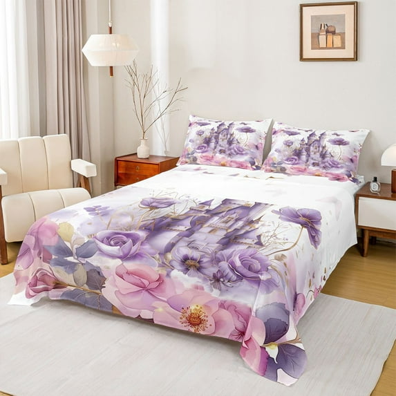 Homewish Dreamy Princess Castle Full Size Sheets,Purple Flower Bed Sheets,Fairy Tale Theme Sheet Sets For Girls Kids,Breathable Home Decor,4pcs