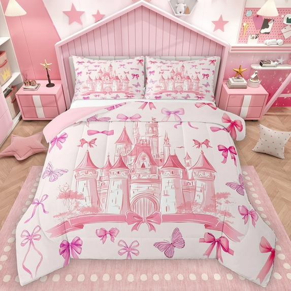 Homewish Dreamy Princess Castle Queen Comforter Set,Cute Bowtie Ribbon Bedding Sets,Pink Fairy Tale Bedding Comforter Set For Girls Kids,Breathable Home Decor Reversible,3pcs