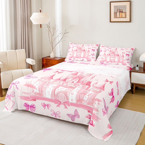 Homewish Dreamy Princess Castle Queen Sheet Sets,Cute Bowtie Ribbon Flat Sheet,Pink Fairy Tale Queen Fitted Sheet For Girls Kids,Breathable Home Decor,4pcs