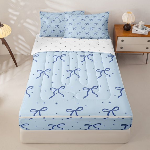 Homewish Dreamy Princess Style Zipper Twin Comforter Sets with Fitted Sheet and 2 Pillowcases,Blue Cute Bow Tie Zipper Bedding Set For Bowknot Lovers,Reversible,4-Piece