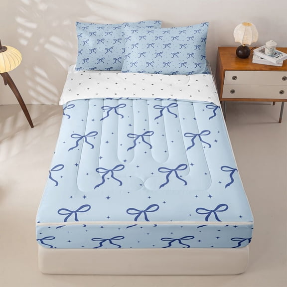 Homewish Dreamy Princess Style Zipper Twin Comforter Sets with Fitted Sheet and 2 Pillowcases,Blue Cute Bow Tie Zipper Bedding Set For Bowknot Lovers,Reversible,4-Piece