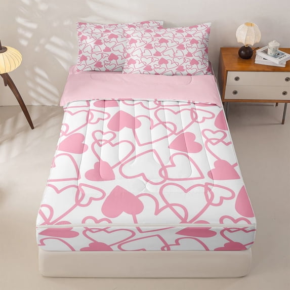 Homewish Dreamy Princess Style Zipper Twin Comforter Sets with Fitted Sheet and 2 Pillowcases,Pink Loves Heart Zipper Bedding Set For Girls Kids,Reversible,4 Pieces