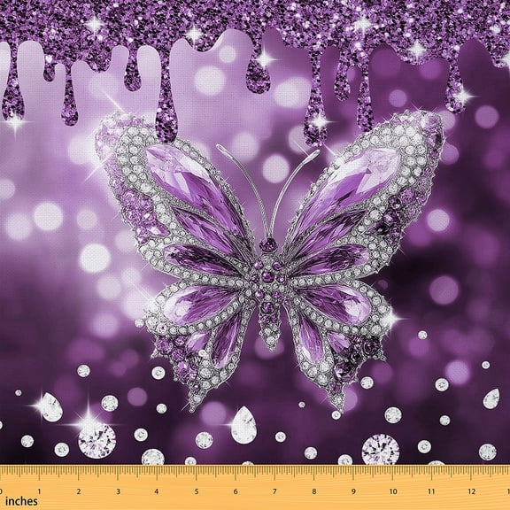 Homewish Dreamy Purple Butterfly 01 for Female, Bling Sequin Print Room Decor Fabric by the Yard, Fashion Princess Sewing Fabric, Breathable Home Decor
