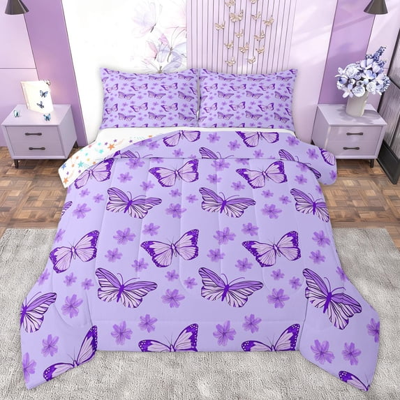 Homewish Dreamy Purple Butterfly Bedding Comforter Set for Kids, Kawaii Cartoon Animal Twin Comforter Sets, Blossoms Flower Reversible Bedding Set, Breathable Home Decor, 2pcs