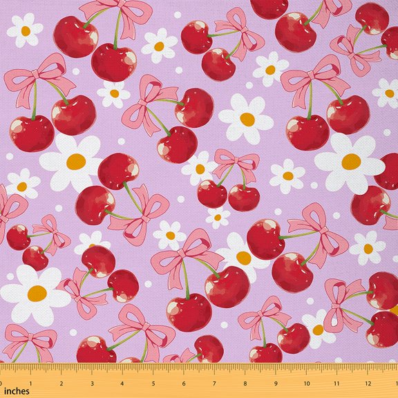 Homewish Dreamy Purple Cartoon 01, Cherry Blossoms Floral Room Decor Fabric by the Yard, Kawaii Cherry Bow Sewing Fabric, Breathable Home Decor