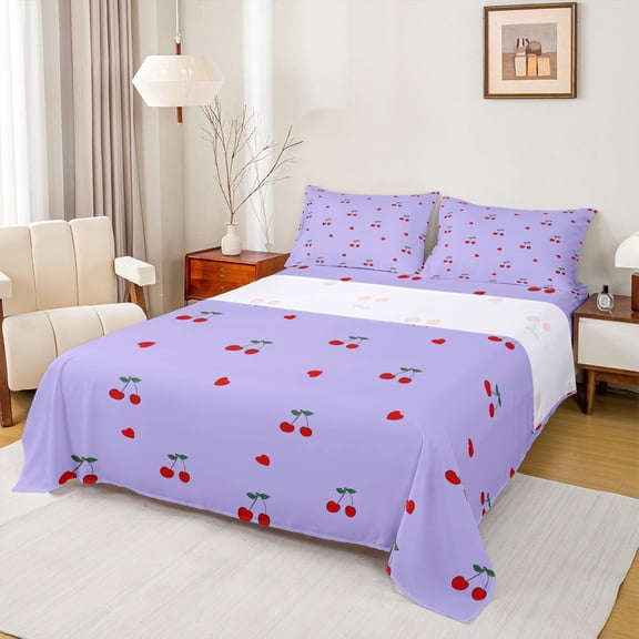 Homewish Dreamy Purple Cartoon Bed Sheets for Teen, Kawaii Cherry Fruit King Sheets, Cute Love Heart Sheet Set, Lightweight Room Decor, 4 Pieces
