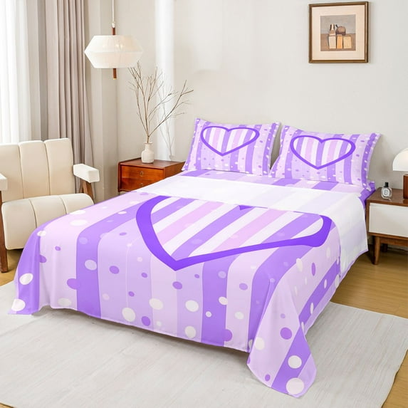 Homewish Dreamy Purple Cartoon Queen Sheet Sets for Kids, Romantic Love Heart Flat Sheet, Modern Fashion Polkadots Queen Fitted Sheet, Super Cozy Room Decor, 4-Piece