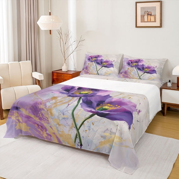Homewish Dreamy Purple Floral Twin Sheet Sets for Women, Fashion Marble Artwork Twin Fitted Sheet, Splash Watercolor Flat Sheet, Microfiber Bedroom Decor, 3-Piece