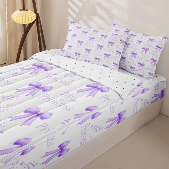 Homewish Dreamy Purple Ribbon Zipper Full Size Comforter Sets with Fitted Sheet and 2 Pillowcases for Kids, Princess Bow Zipper Bedding Set, Reversible, 4pcs
