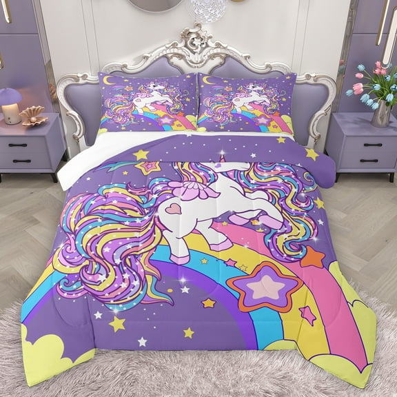 Homewish Dreamy Purple Unicorn Bedding Comforter Set, Cartoon Stars Rainbow Twin Comforter Sets, Kawaii Cute Animal Bedding Set, Microfiber Bedroom Decor, 2-Piece
