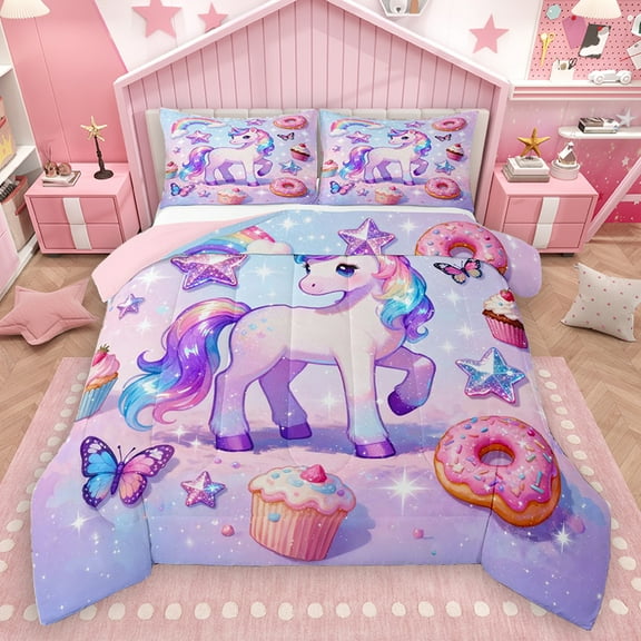 Homewish Dreamy Purple Unicorn Bedding Comforter Set for Kids, Donut Cake Dessert Twin Comforter Sets, Glitter Stars Butterfly Reversible Bedding Set, Microfiber Bedroom Decor, 2-Piece